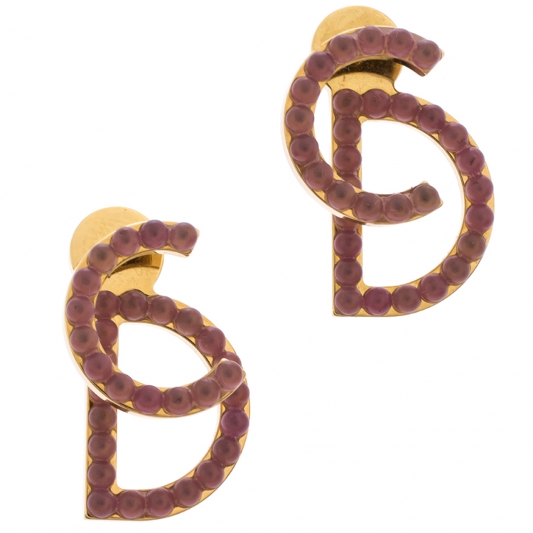 Pre Owned Dior CD Logo Pink Bead Gold Tone Stud Earrings