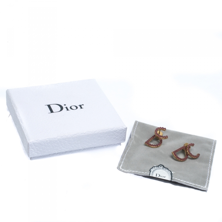 Pre Owned Dior CD Logo Pink Bead Gold Tone Stud Earrings