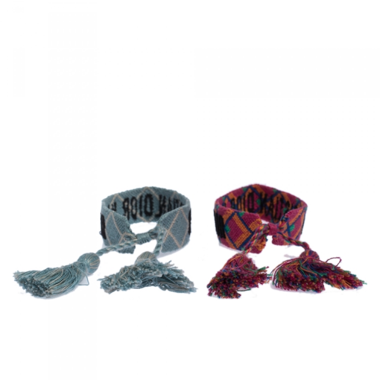 Pre Owned Dior J'adior Multicolor Woven Cotton Set of Two Adjustable Tassel Bracelets