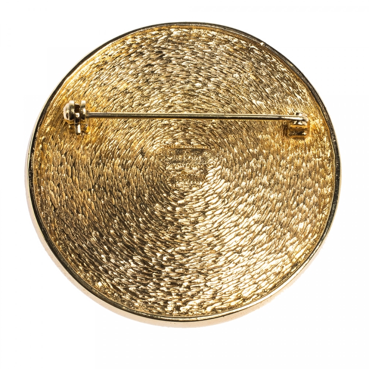 Pre Owned Dior Logo Crystal Textured Gold Tone Round Pin Brooch