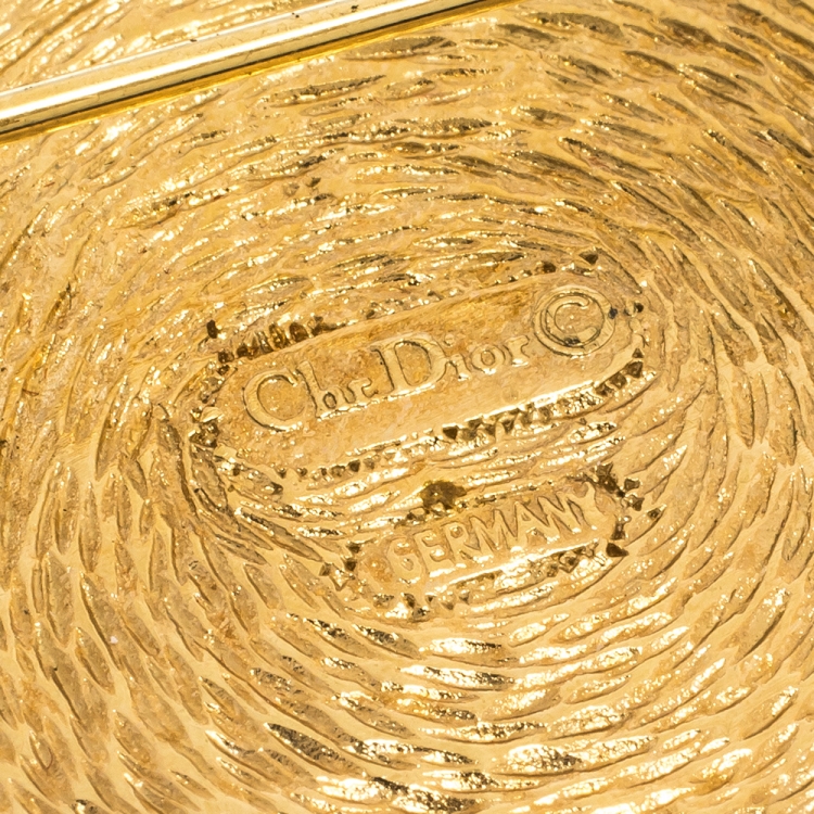 Pre Owned Dior Logo Crystal Textured Gold Tone Round Pin Brooch