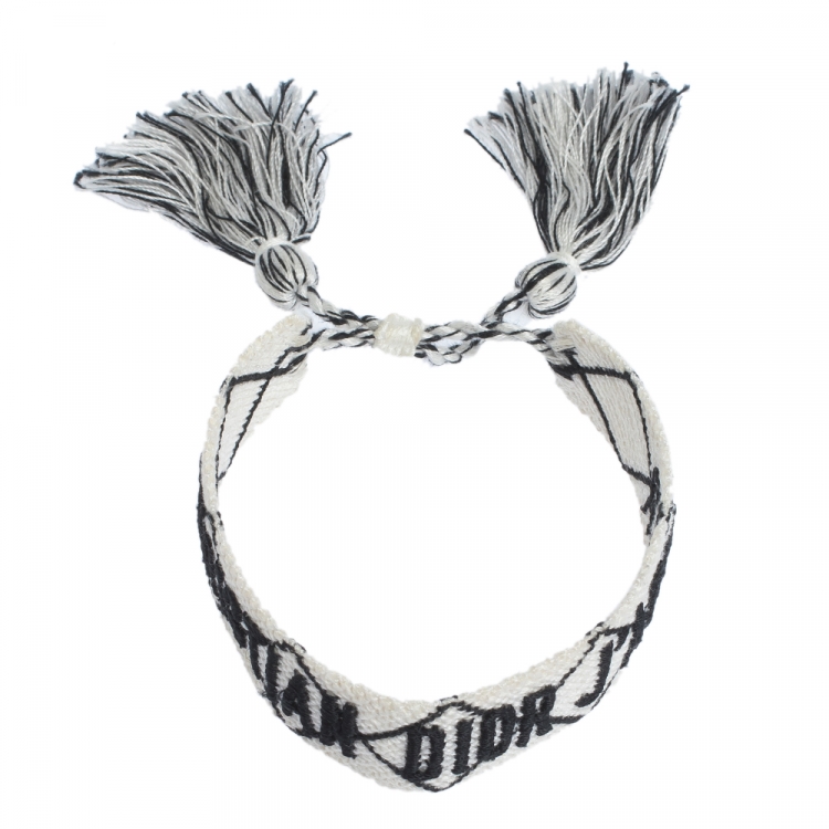 Pre Owned Dior J'adior White & Black Woven Fabric Adjustable Tassel Bracelet