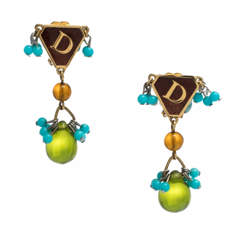 Pre Owned Dior Vintage Multicolor Two Tone Metal Clip On Drop Earrings