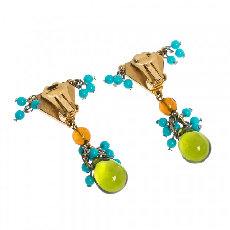 Pre Owned Dior Vintage Multicolor Two Tone Metal Clip On Drop Earrings