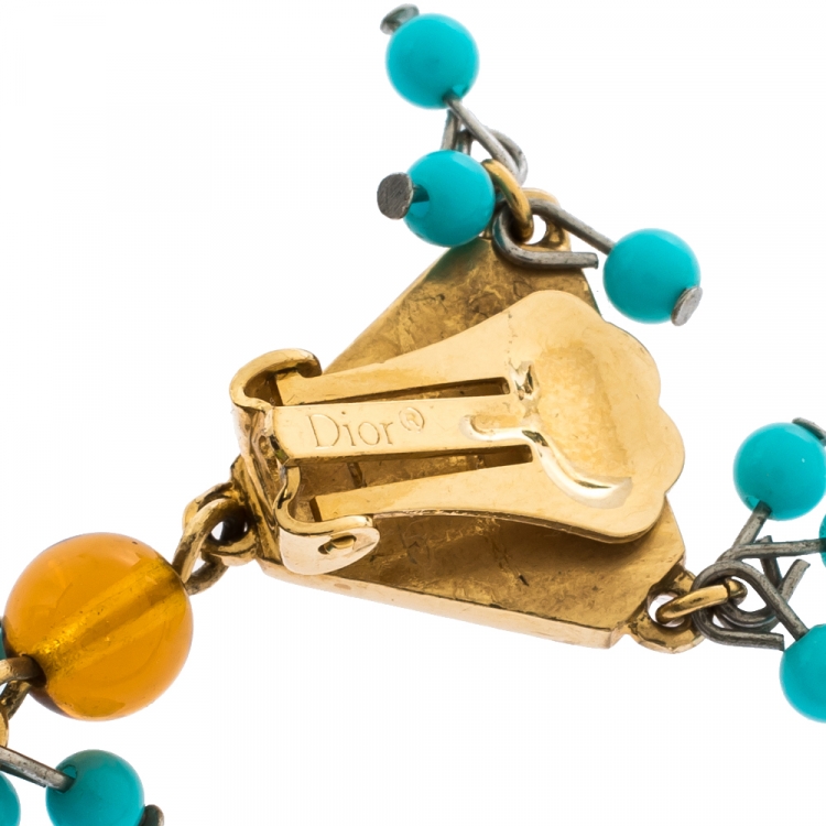 Pre Owned Dior Vintage Multicolor Two Tone Metal Clip On Drop Earrings