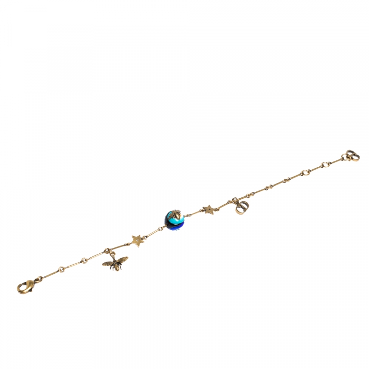 Pre Owned Dior Antique Gold Tone Logo and Bee Charm Multicolor Bead Bracelet