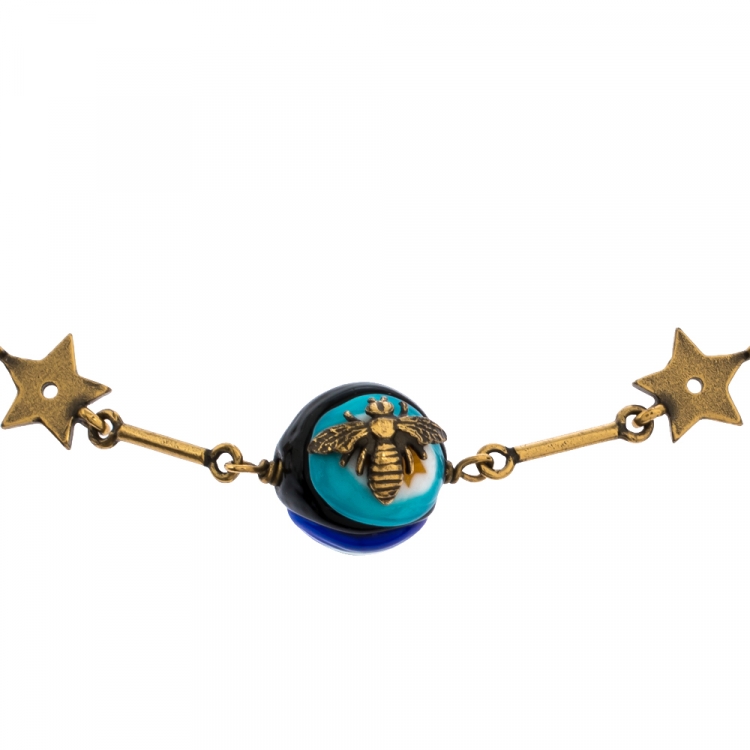 Pre Owned Dior Antique Gold Tone Logo and Bee Charm Multicolor Bead Bracelet