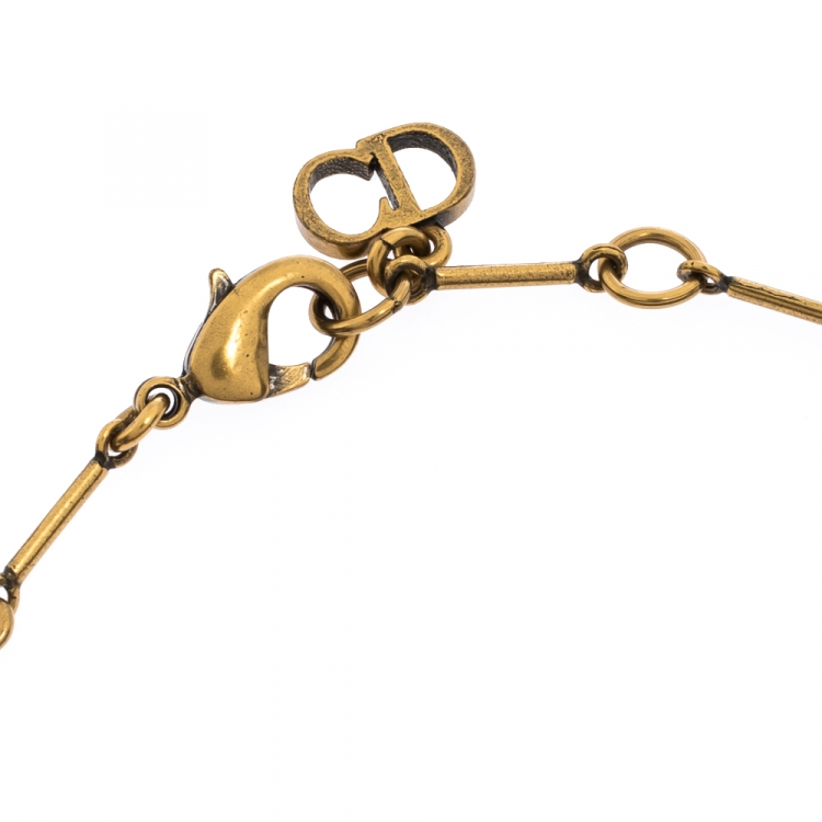 Pre Owned Dior Antique Gold Tone Logo and Bee Charm Multicolor Bead Bracelet