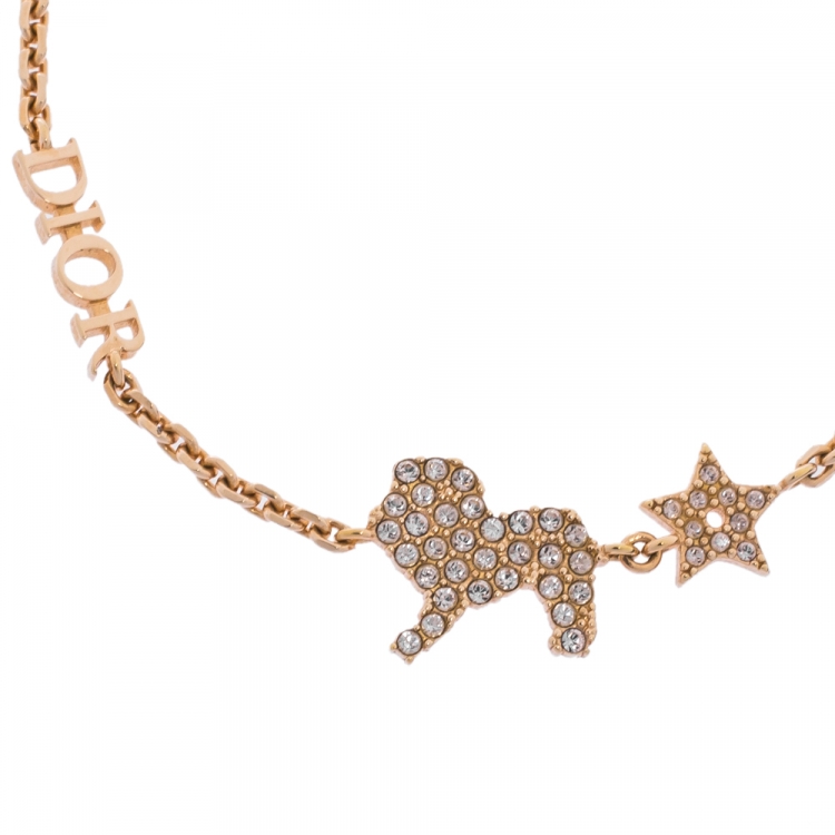 Pre Owned Dior Crystal Diorable Lion Rose Gold Tone Chain Link Bracelet