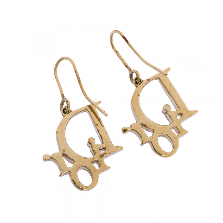Pre Owned Dior Pale Gold Tone Crystal Oblique Hook Earrings