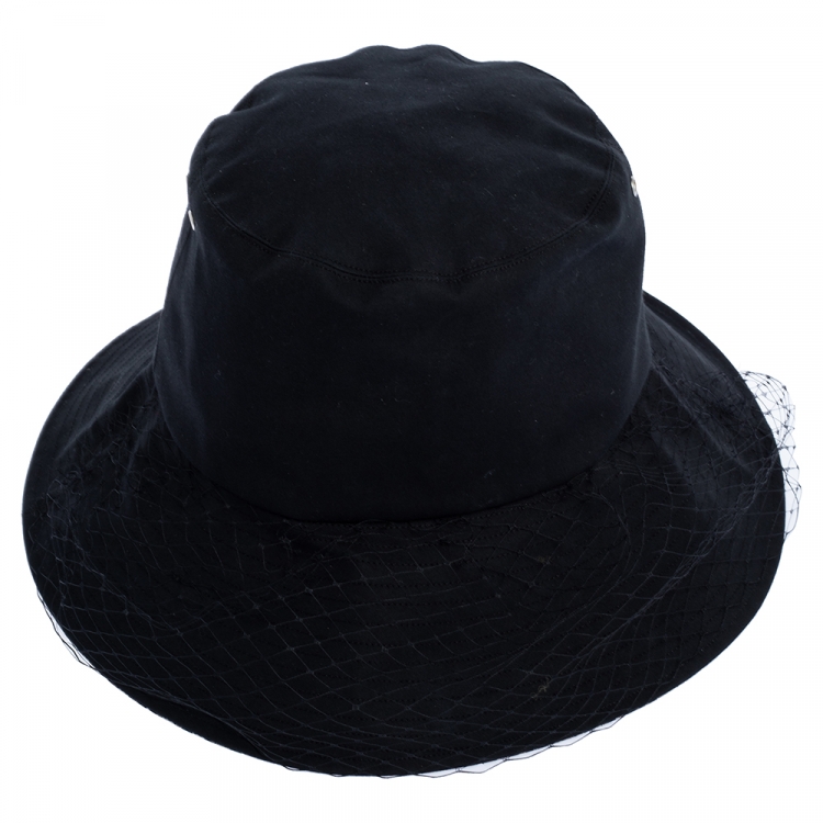 Pre Owned Dior Black Teddy-D Large Brim Veil Trim Bucket Hat