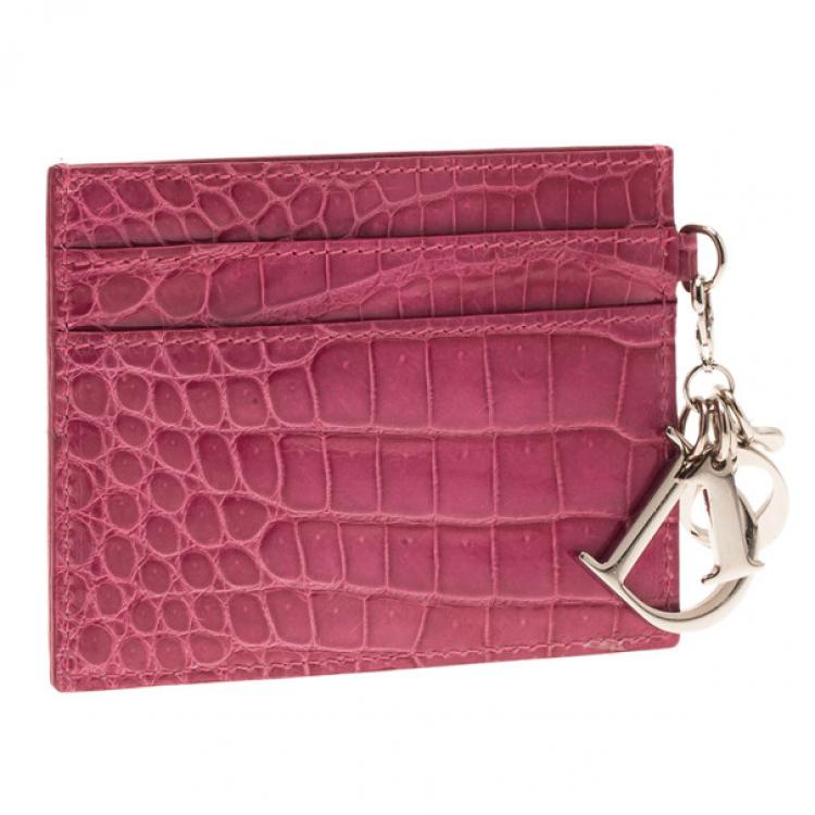 Pre Owned Dior Pink Croc Embossed Card Case
