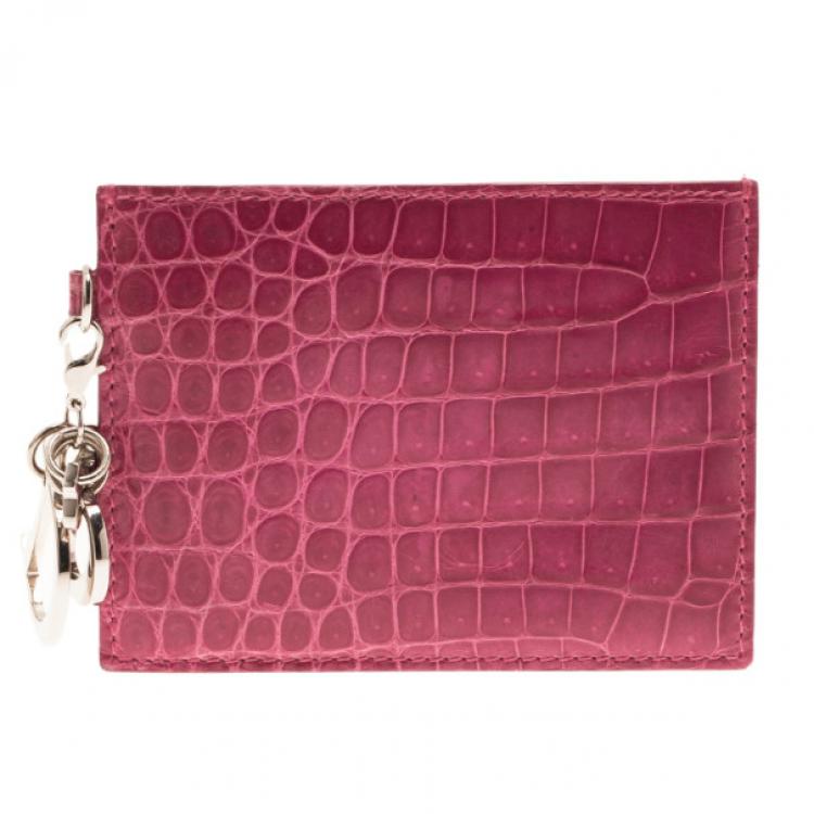 Pre Owned Dior Pink Croc Embossed Card Case