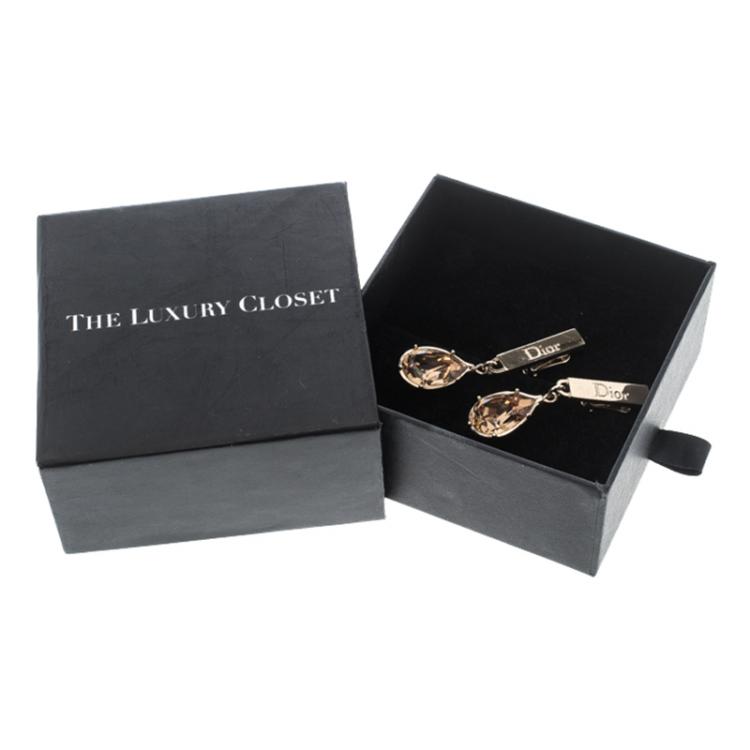 Pre Owned Dior ID Brown Crystal Gold Tone Clip-on Drop Earrings