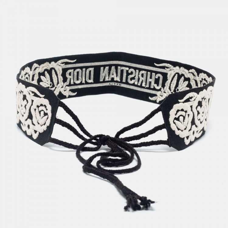 Pre Owned Dior Black/White Embroidered Canvas Waist Belt