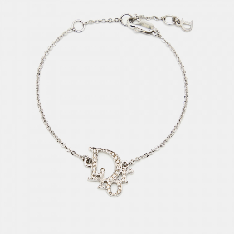 Pre Owned Dior Oblique Crystal Silver Tone Bracelet