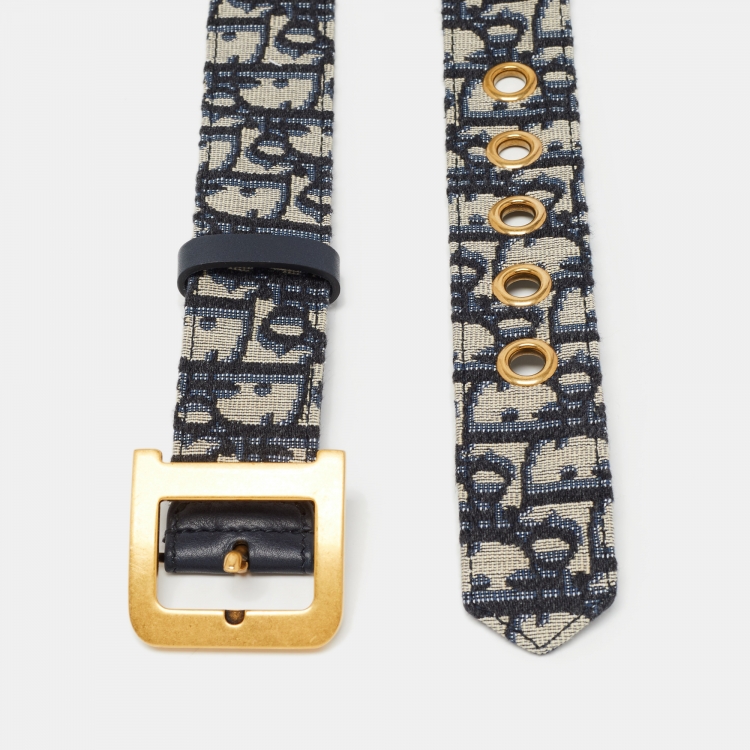 Pre Owned Dior Navy Blue Oblique Canvas and Leather Diorquake Belt 80CM