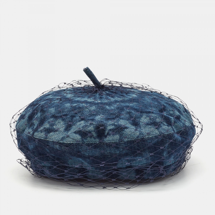Pre Owned Christian Dior Navy Blue Arty Parisian Denim and Mesh Beret 57 cm