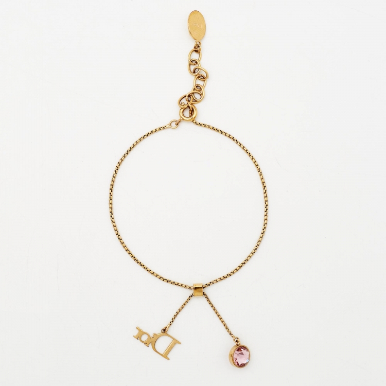 Pre Owned Dior Crystal Logo Gold Tone Bracelet