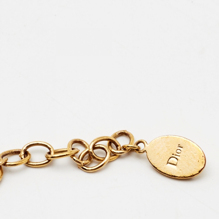 Pre Owned Dior Crystal Logo Gold Tone Bracelet