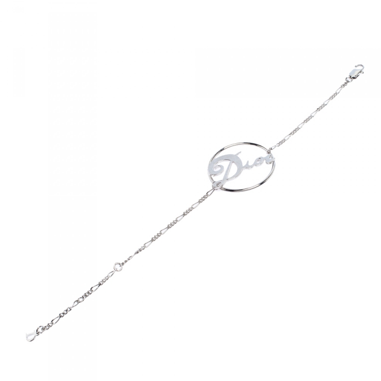 Pre Owned Dior Silver Tone Circle Logo Pendant Chain Bracelet