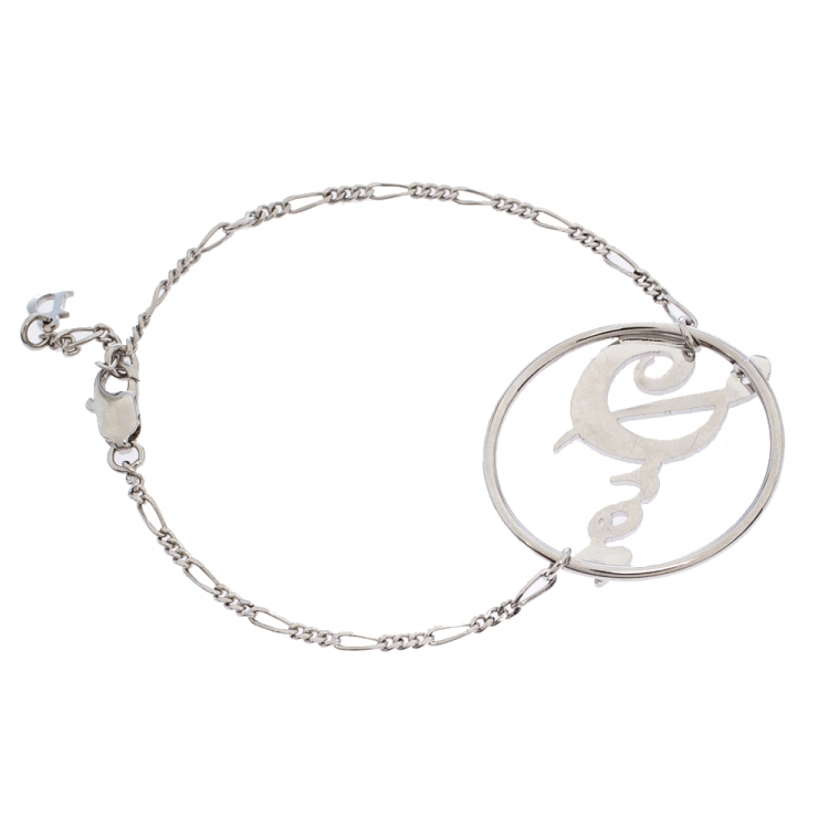 Pre Owned Dior Silver Tone Circle Logo Pendant Chain Bracelet