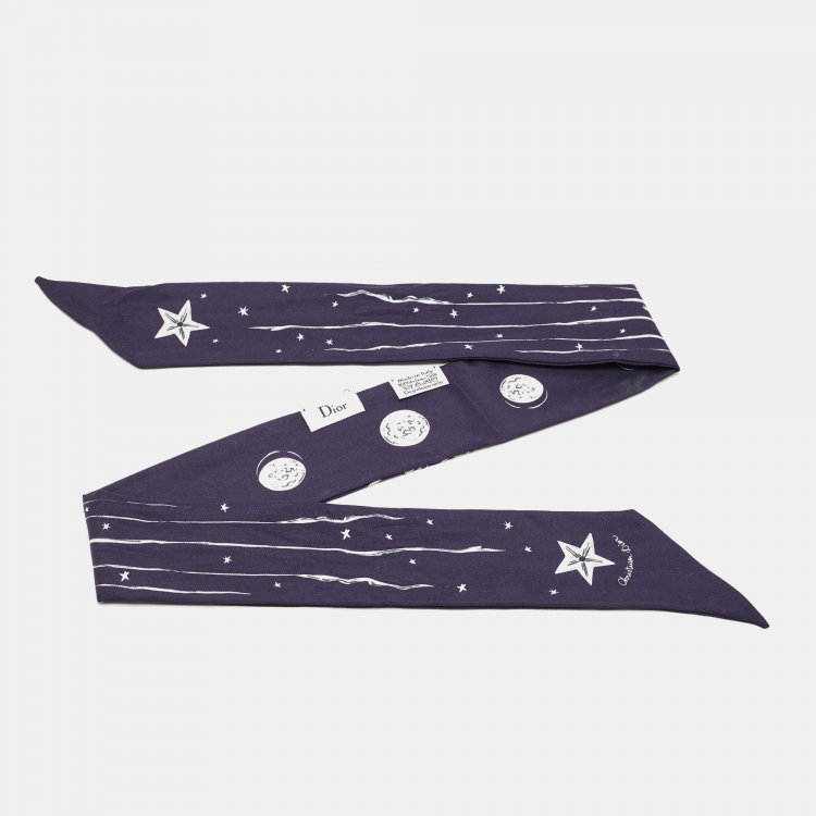 Pre Owned Dior Navy Blue lunar Phase Printed Silk Bandeau Scarf