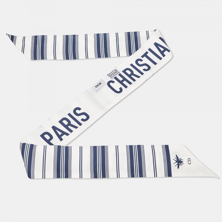 Pre Owned Dior White & Navy Blue Striped Silk Bandeau Scarf