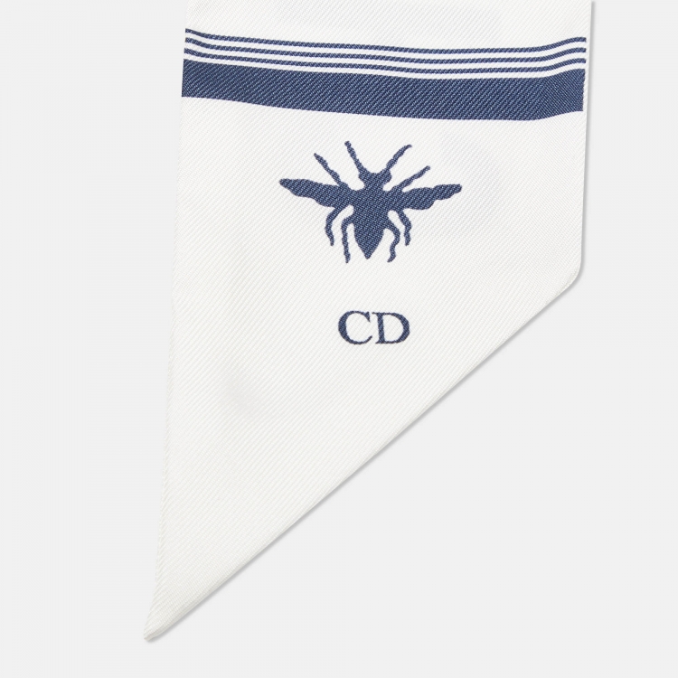Pre Owned Dior White & Navy Blue Striped Silk Bandeau Scarf