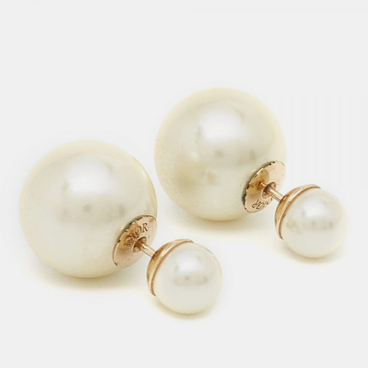 Pre Owned Dior Tribales Faux Pearl Gold Tone Metal Stud Earrings