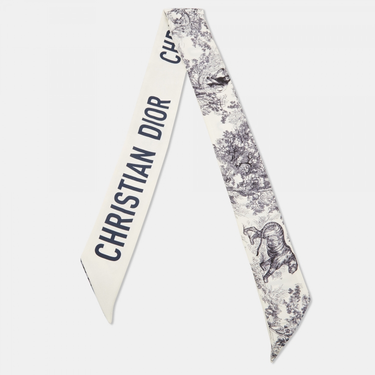 Pre Owned Dior White/Navy Blue Toile De Jouy Silk Bandeau Scarf