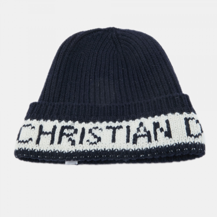 Pre Owned Dior Navy Blue Logo Wool & Cashmere Knit Beanie