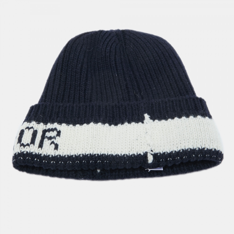 Pre Owned Dior Navy Blue Logo Wool & Cashmere Knit Beanie