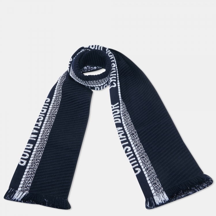 Pre Owned Dior Navy Blue Oblique University Wool & Silk Reversible Scarf