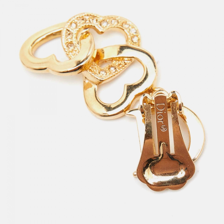 Pre Owned Dior Gold Tone Crystal D Heart Dangle Clip-On Earrings