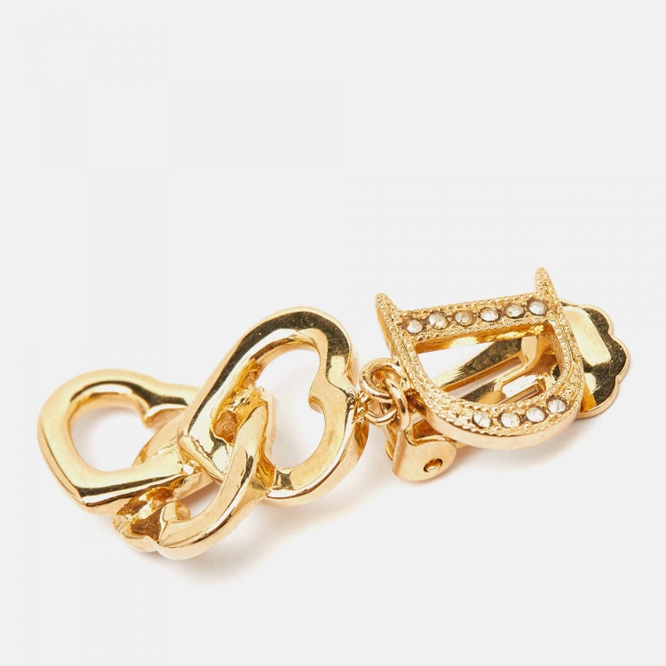 Pre Owned Dior Gold Tone Crystal D Heart Dangle Clip-On Earrings