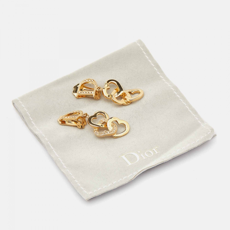 Pre Owned Dior Gold Tone Crystal D Heart Dangle Clip-On Earrings