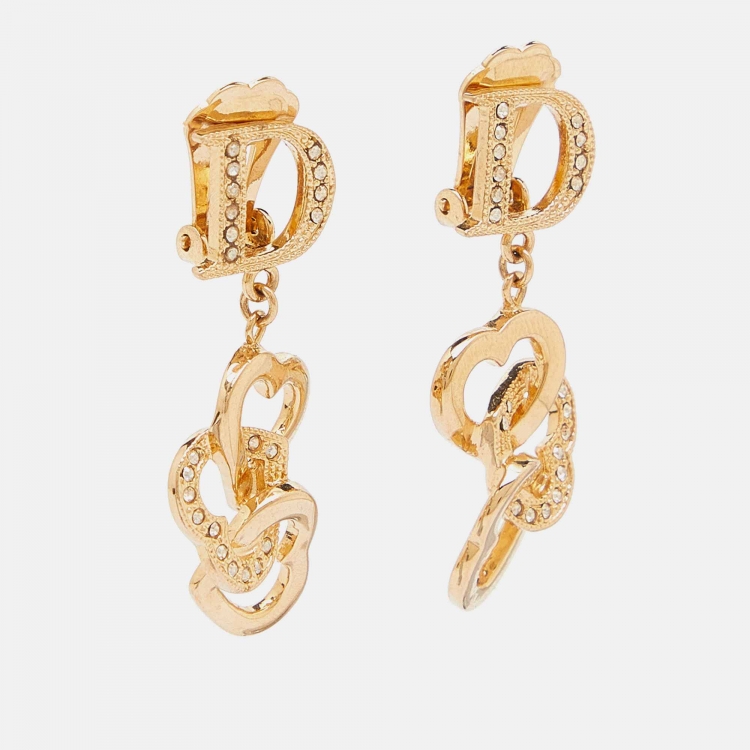 Pre Owned Dior Gold Tone Crystal D Heart Dangle Clip-On Earrings
