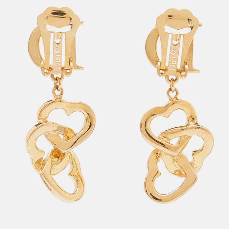 Pre Owned Dior Gold Tone Crystal D Heart Dangle Clip-On Earrings