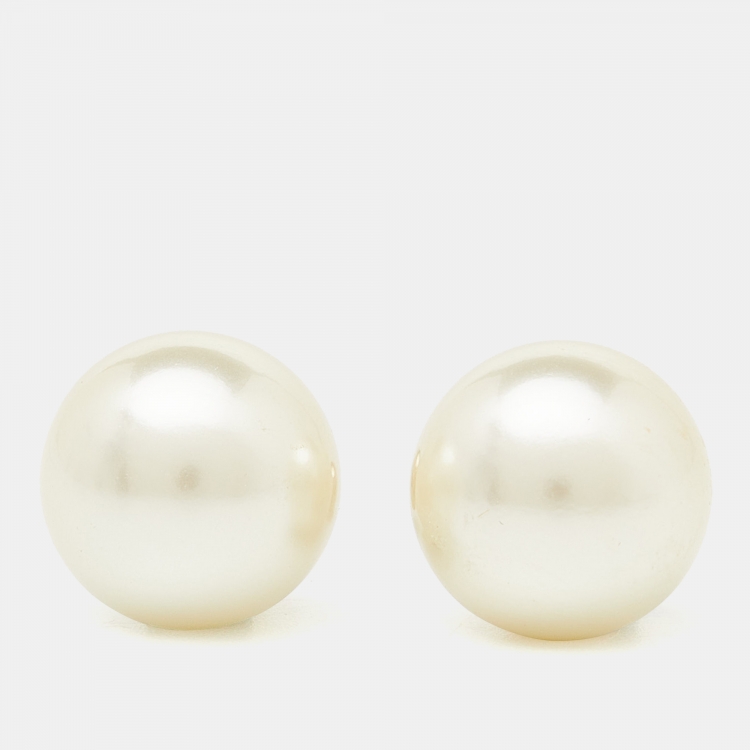 Pre Owned Dior Tribales Faux Pearl Gold Tone Stud Earrings