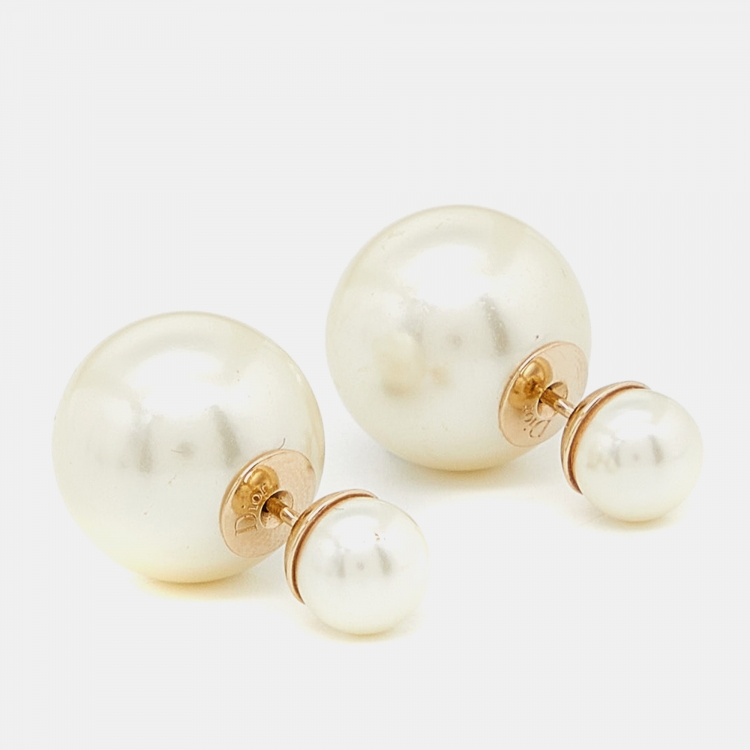 Pre Owned Dior Tribales Faux Pearl Gold Tone Stud Earrings
