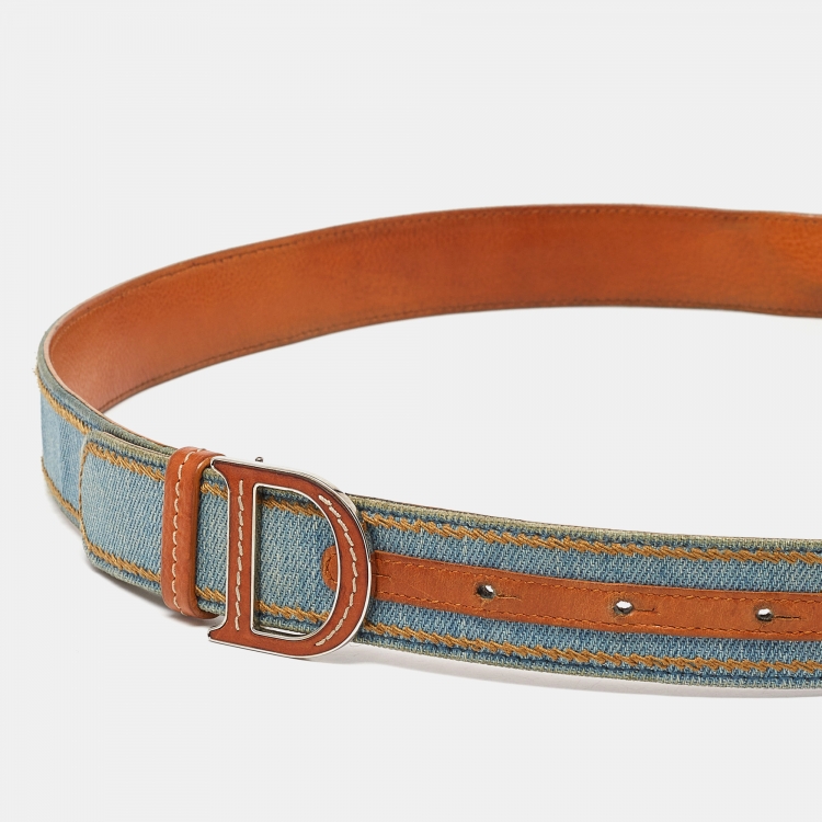Pre Owned Dior Blue Embroidered Denim Buckle Belt 95 CM