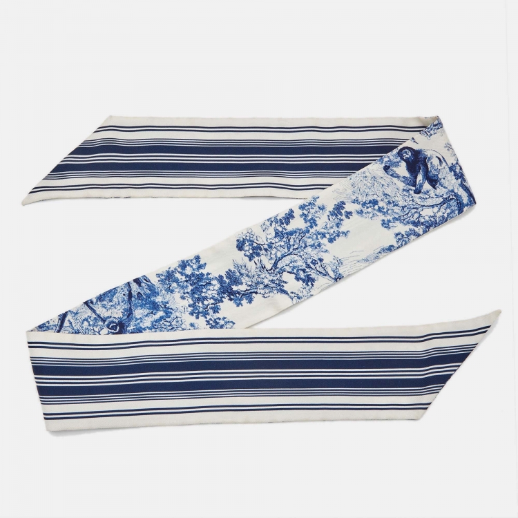 Pre Owned Christian Dior Blue/White Print Silk De Jouy Mitzah Scarf