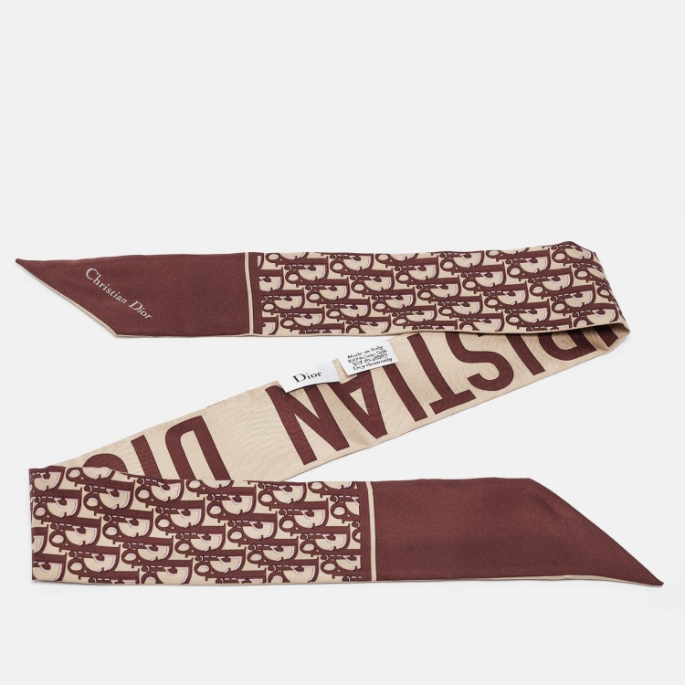 Pre Owned Christian Dior Brown Logo Print Silk Mitzah Scarf