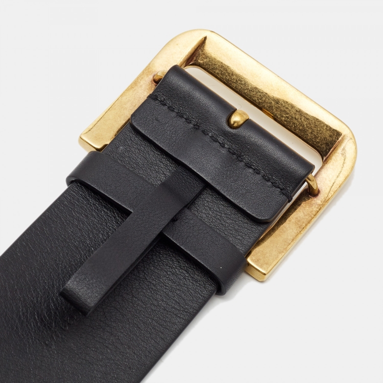 Pre Owned Dior Black Leather Diorquake Wide Buckle Belt 75CM