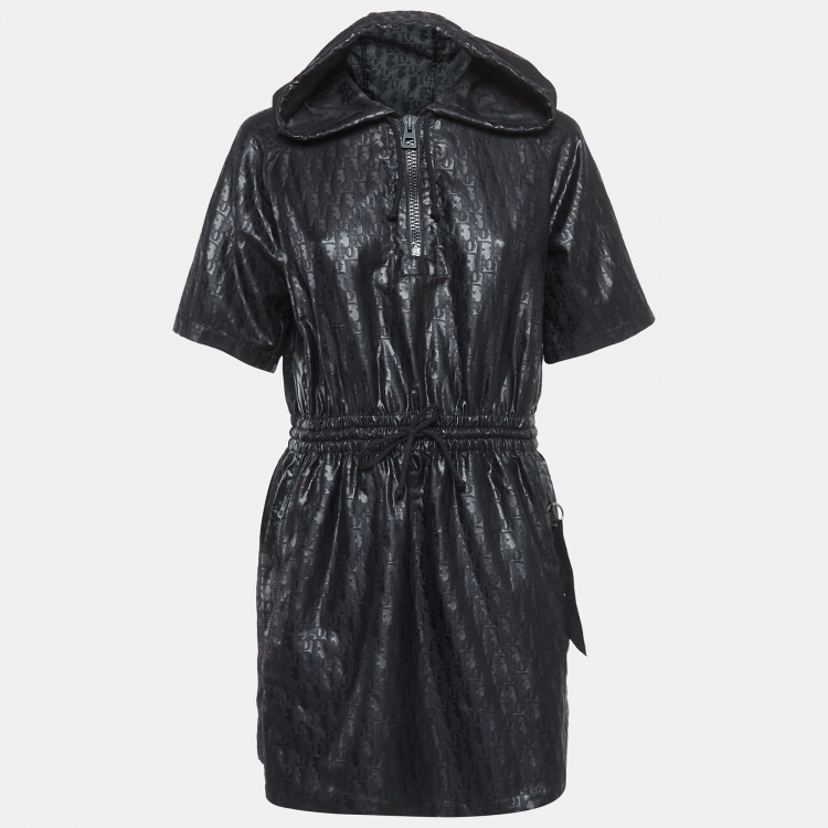 Pre Owned Dior Black Monogram Patterned Cotton Blend Hooded Mini Dress S