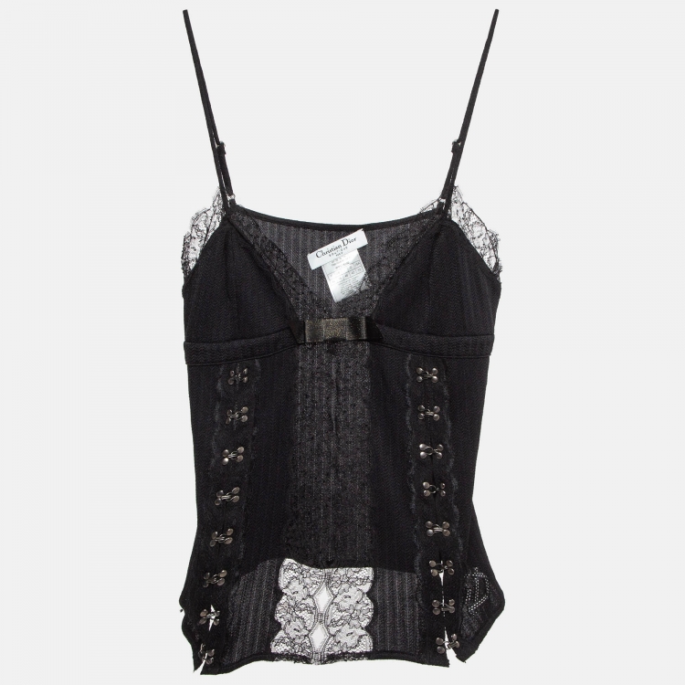 Pre Owned Christian Dior Boutique Black Stretch Knit Lace Detail Camisole L