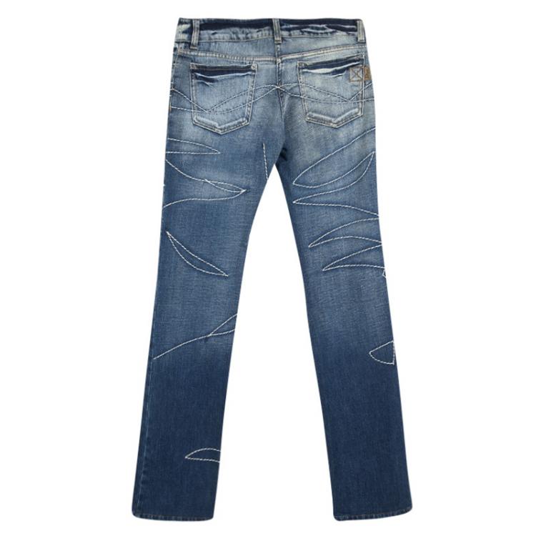 Dior Indigo Light Wash Faded Effect Embroidered Distressed Jeans S Dior   TLC