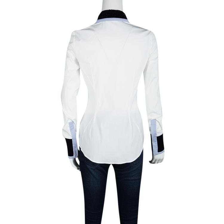 Pre Owned Dior White Sequined Collar Contrast Cuff Detail Long Sleeve Shirt S