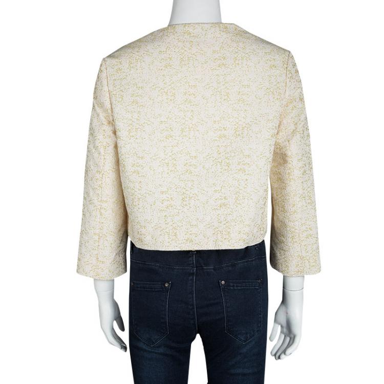 Pre Owned Dior Yellow Textured Frayed Placket Detail Button Front Cropped Jacket S